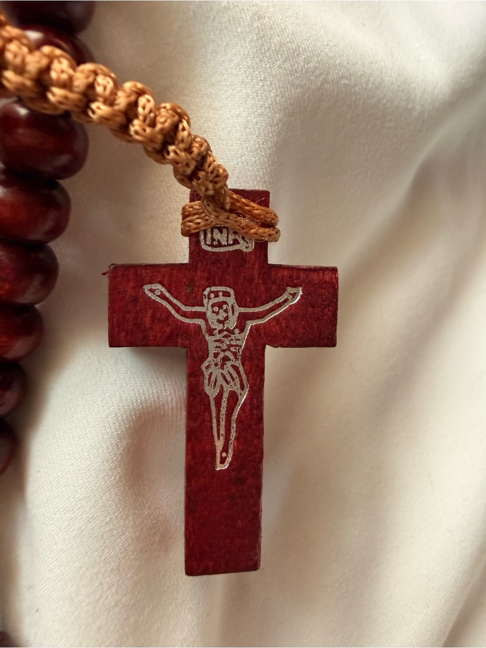 Wooden Catholic Rosary Dark Wood Beads Knotted Cord Wood Crucifix Prayer Beads